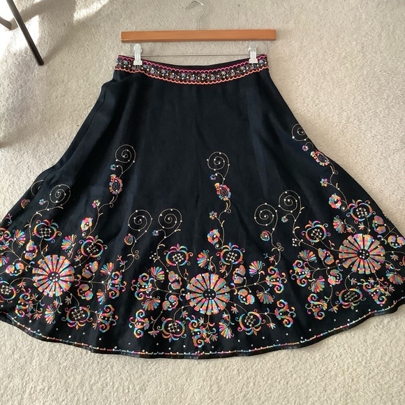 VINTAGE Embroidered Linen Skirt Black A-line Midi Pin-Up Retro Rockabilly 8 - Picture 5 of 12